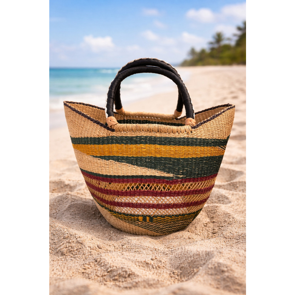 Authentic Ghana Bolga Basket Bag Handwoven Market Tote Leather Handle Large